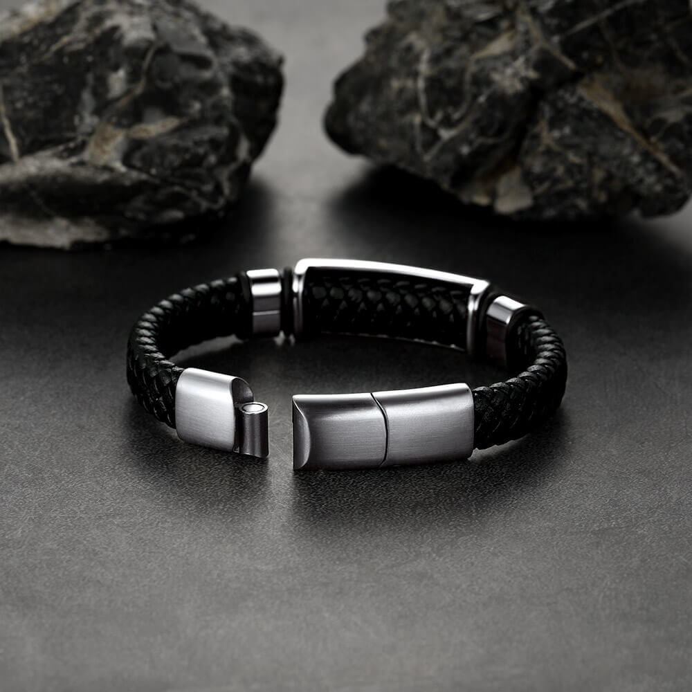 Masonic Compass Braided Black Leather Bracelet for Father Husband