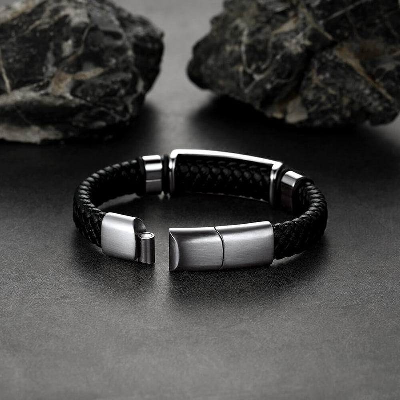 Masonic Compass Braided Black Leather Bracelet for Father Husband