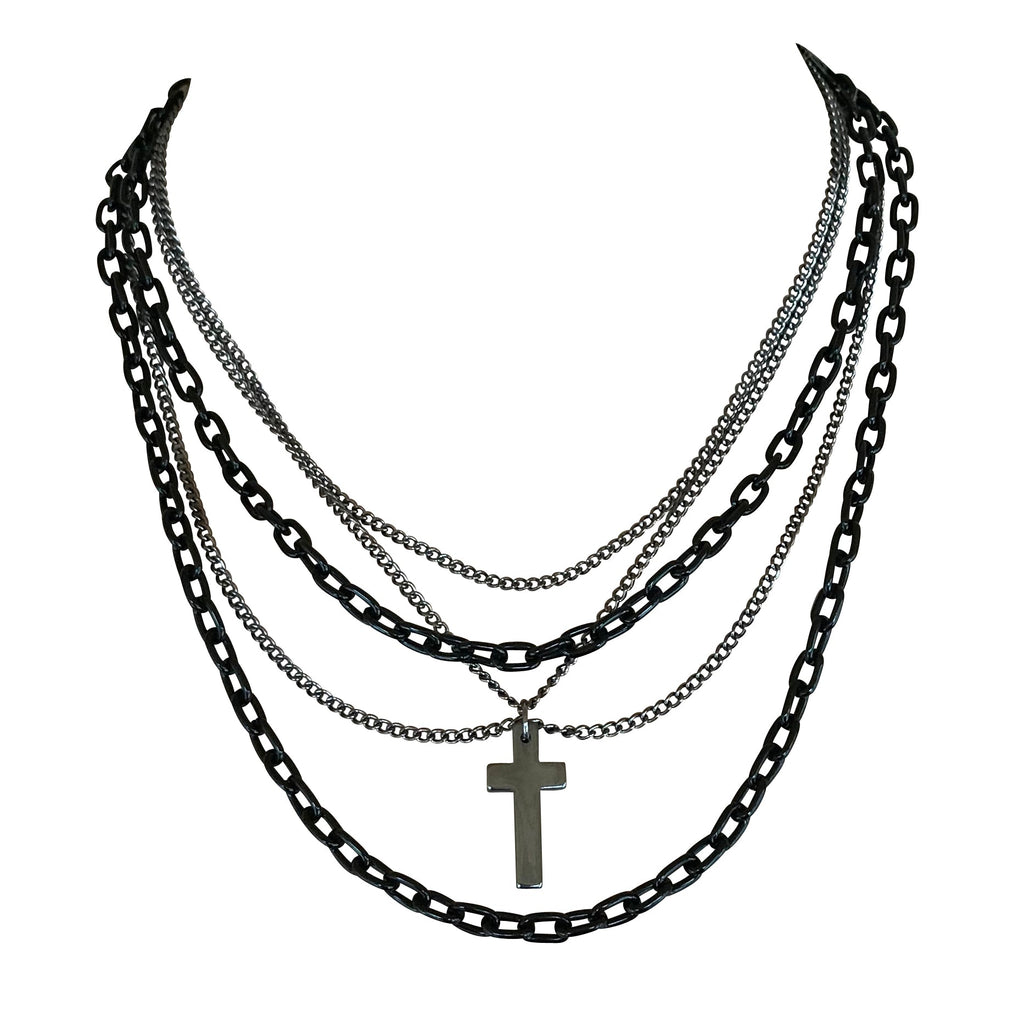 Multilayer Gothic 80s Retro Black and Gunmetal Chain Necklace With Cross