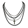 Multilayer Gothic 80s Retro Black and Gunmetal Chain Necklace With Cross
