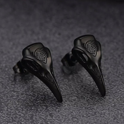 Viking Raven Skull Earrings Studs With Celtic Knot for
