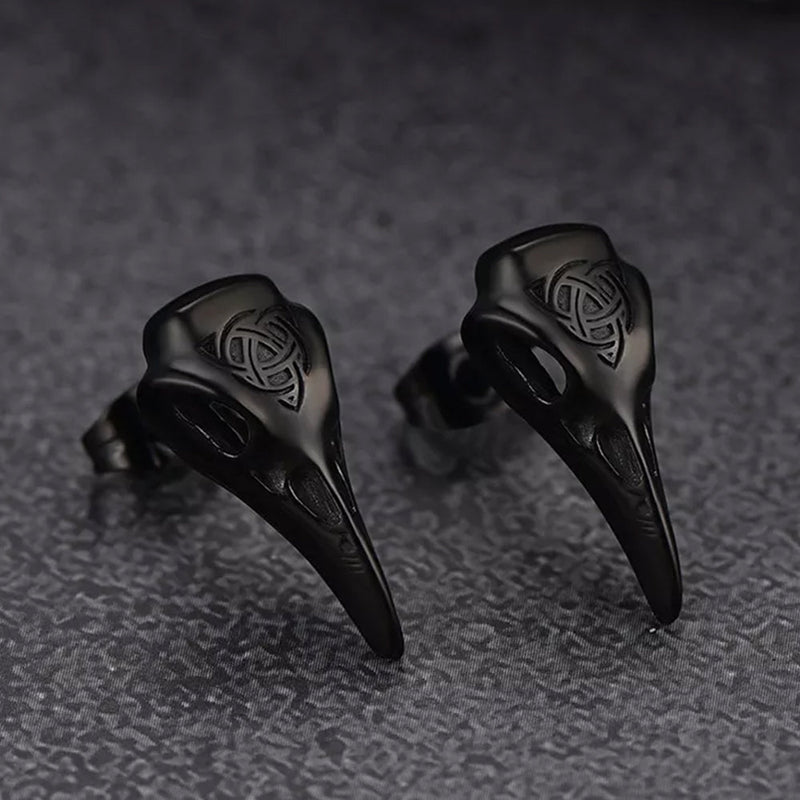 Viking Raven Skull Earrings Studs With Celtic Knot for
