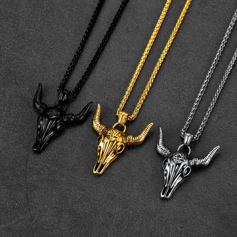 Flash Satanic Bull Cow Skull Necklace With Invert Pentagram for