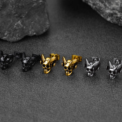 Satanic Baphomet Goat Skull Head Stud Earrings for