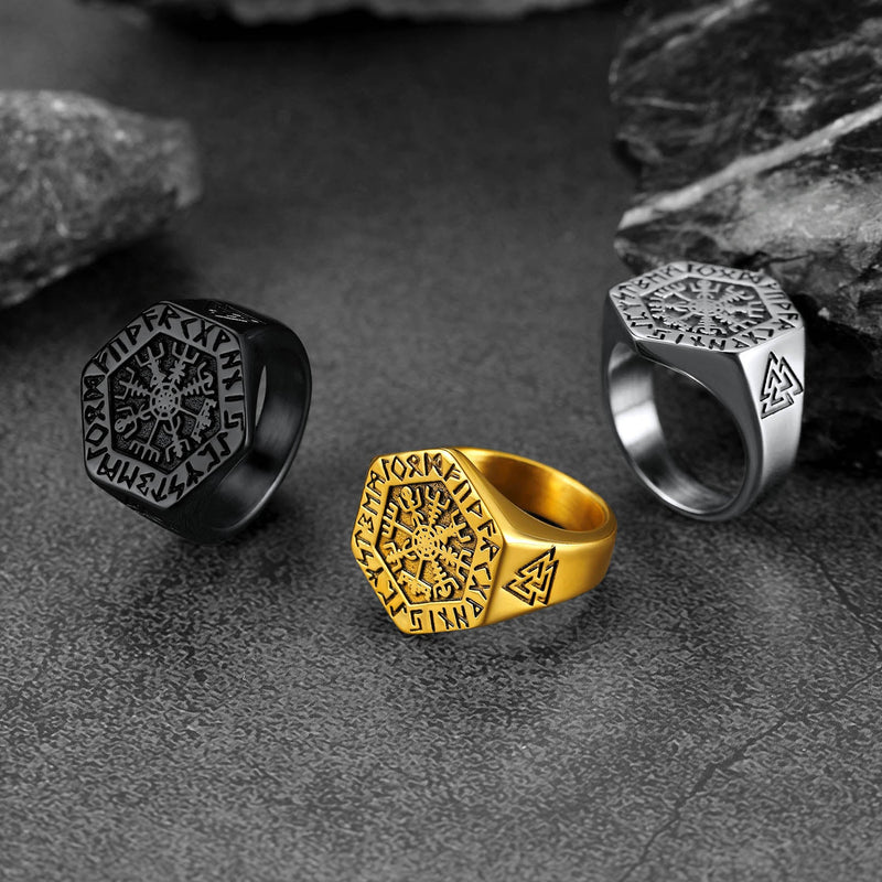 Viking Hexagon Compass Ring With Runes for