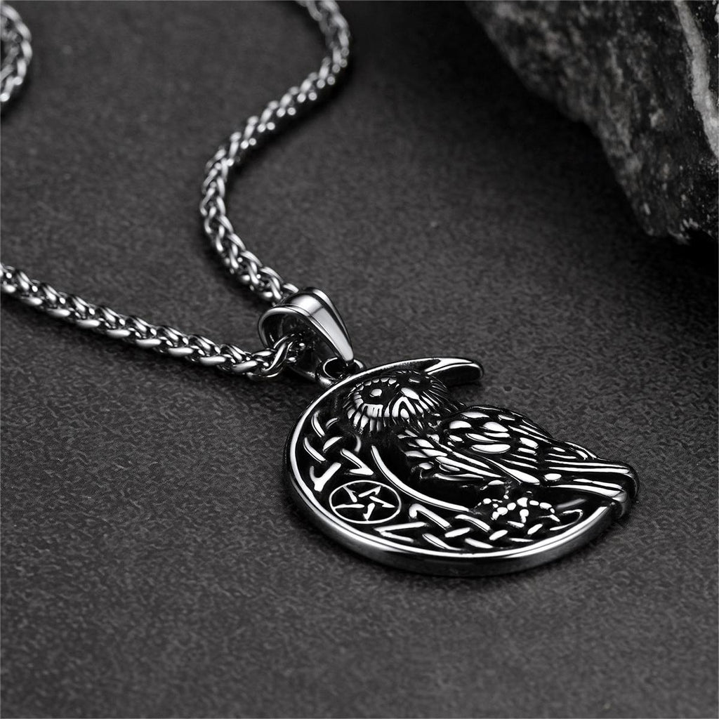 Viking Celtic Crescent Moon Owl Necklace for