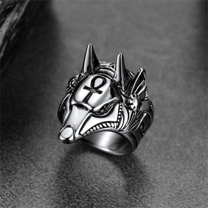 Ancient Egyptian Anubis Ring With Ankh Cross for