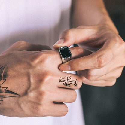 Engraved Black Onyx Signet Ring for