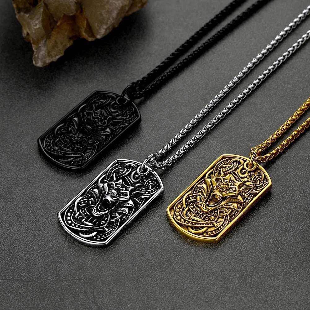Engraved Viking Celtic Wolf Dog Tag Necklace for