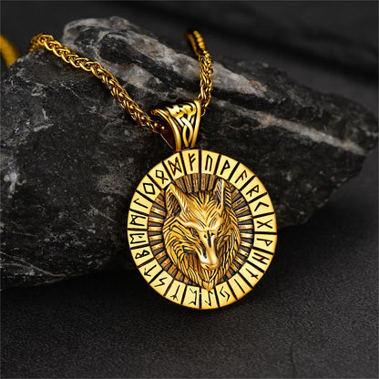 Viking Wolf Medal Necklace With Runes Jewelry for
