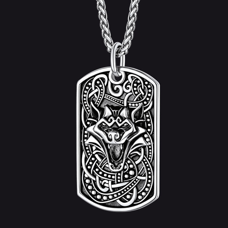 Engraved Viking Celtic Wolf Dog Tag Necklace for