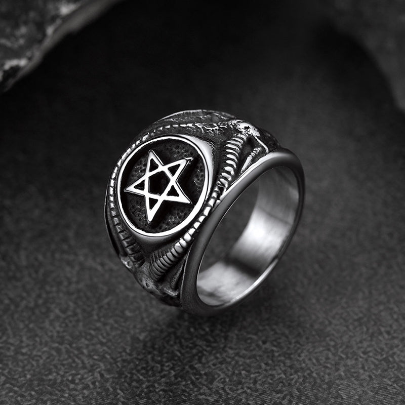 Satanic Goat Pentagram Ring Baphomet Ring for