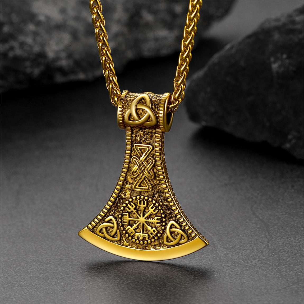 Battle Axe Viking Pendant Necklace With Compass for