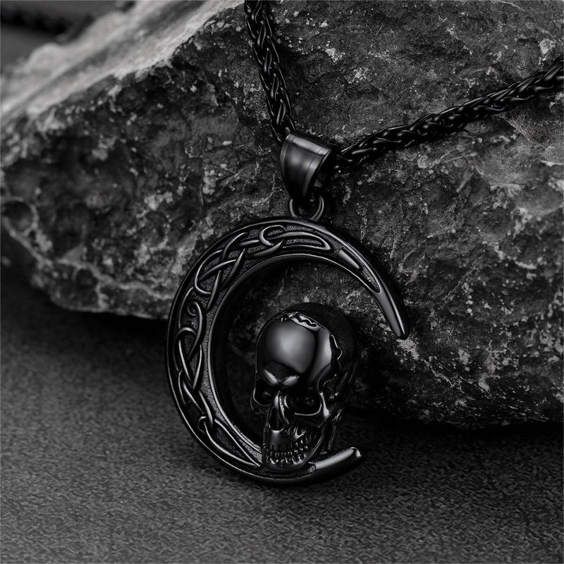 Flash Celtic Crescent Moon Skull Necklace for