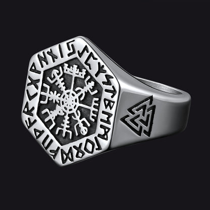 Viking Hexagon Compass Ring With Runes for