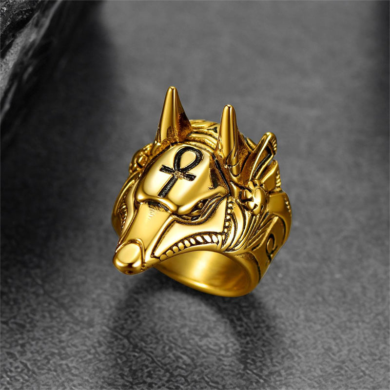 Ancient Egyptian Anubis Ring With Ankh Cross for