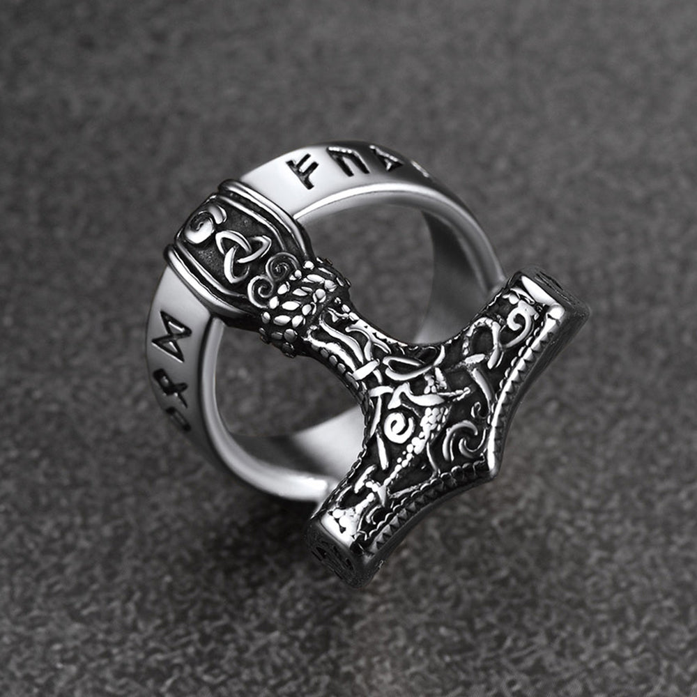 Viking Mjolnir Thor's Hammer Ring With Rune for