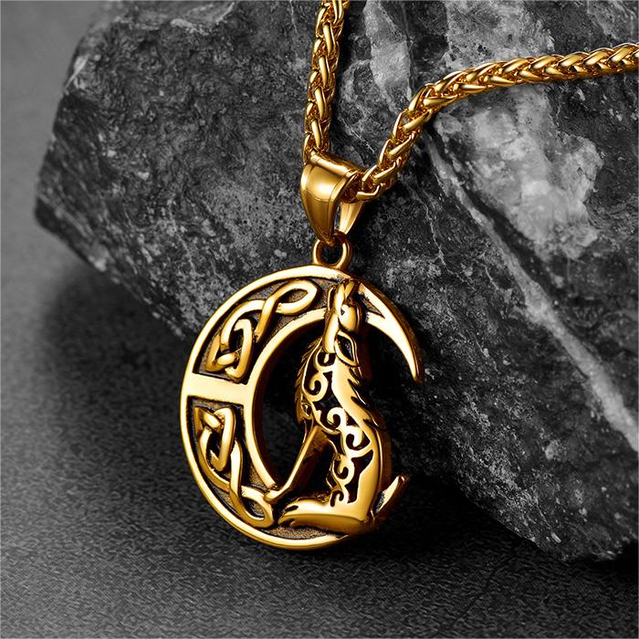 Viking Celtic Crescent Moon Wolf Necklace Pendant for