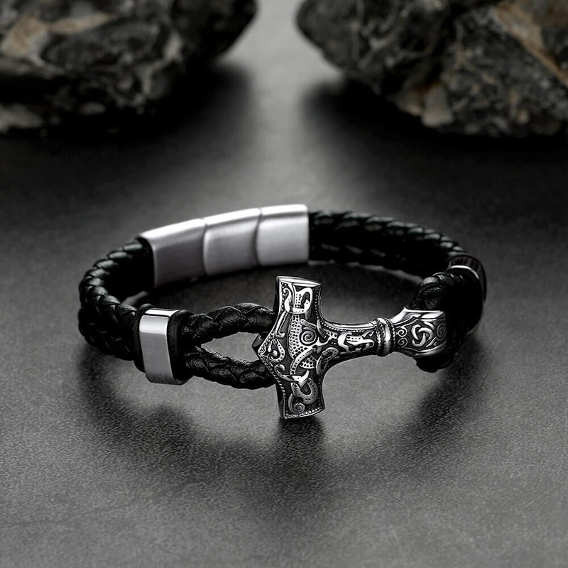 Viking Thor's Hammer Mjolnir Braided Leather Bracelet Gift for
