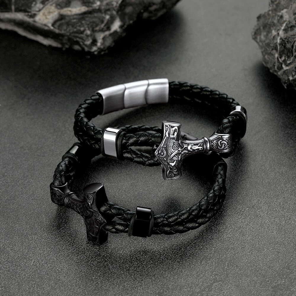 Viking Thor's Hammer Mjolnir Braided Leather Bracelet Gift for