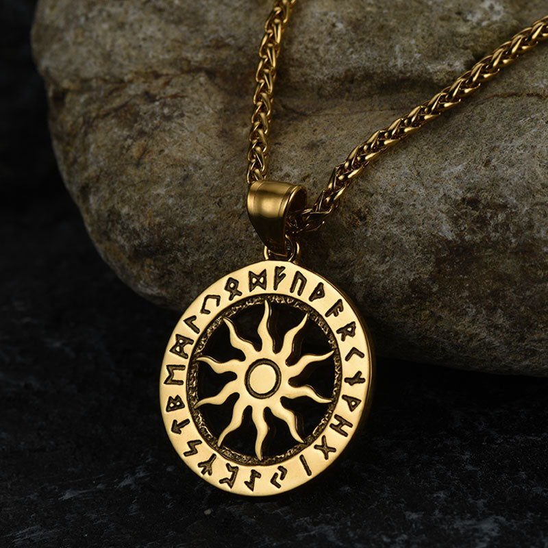 Viking Sun Wheel Rune Pendant Necklace for