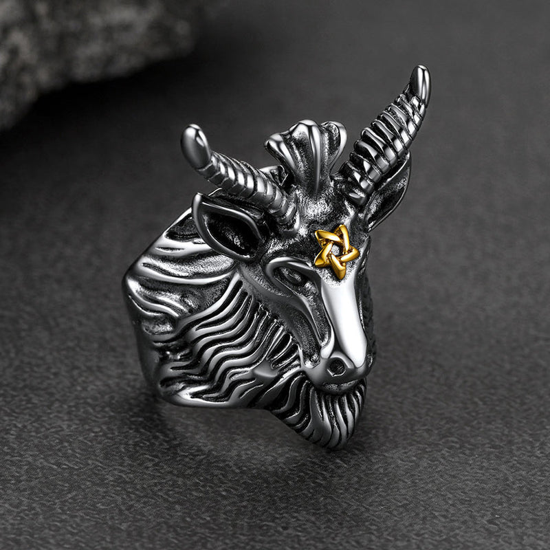 Satanic Baphomet Goat Ring for With Pentagram
