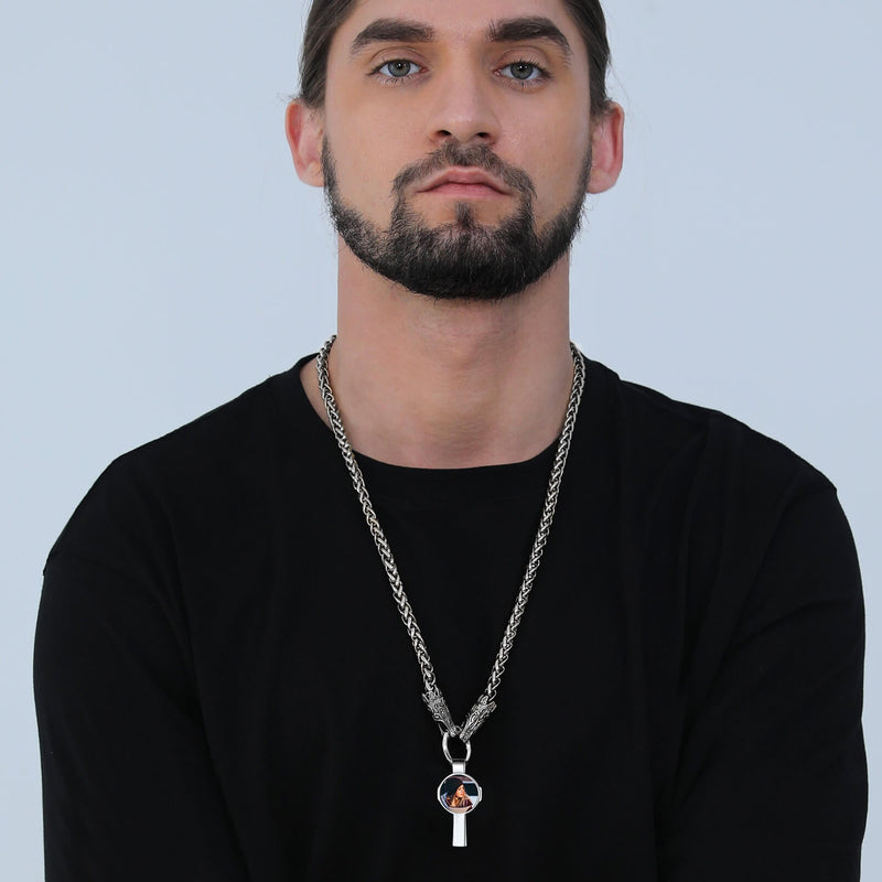 Personalized Celtic Cross Picture Necklace With Wolf King Chain