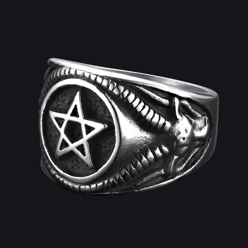 Satanic Goat Pentagram Ring Baphomet Ring for