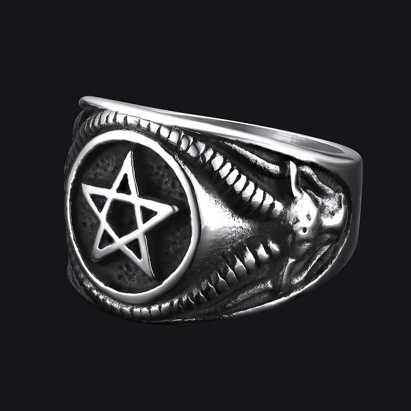 Satanic Goat Pentagram Ring Baphomet Ring for