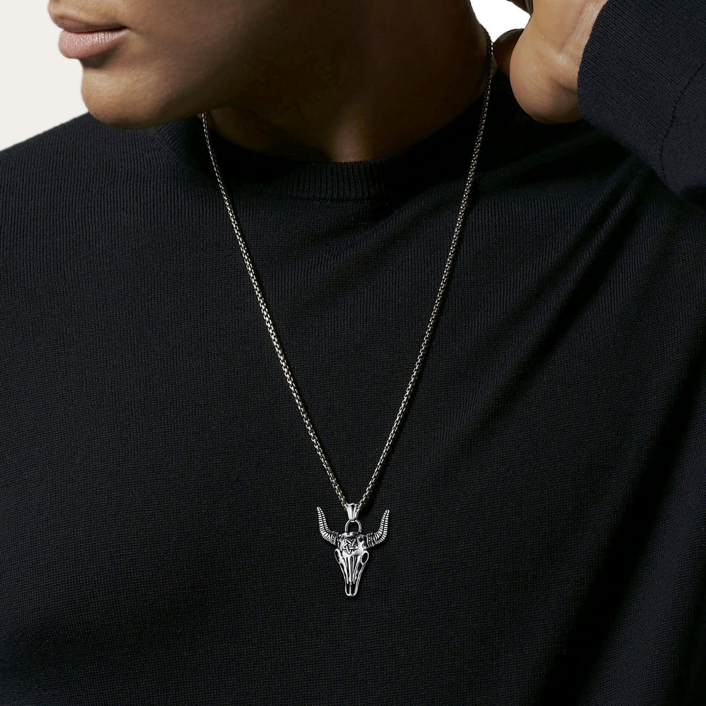 Flash Satanic Bull Cow Skull Necklace With Invert Pentagram for