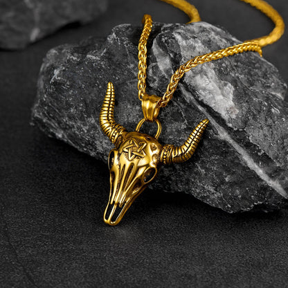 Flash Satanic Bull Cow Skull Necklace With Invert Pentagram for
