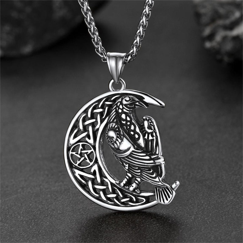 Celtic Crescent Moon Necklace With Odin Raven