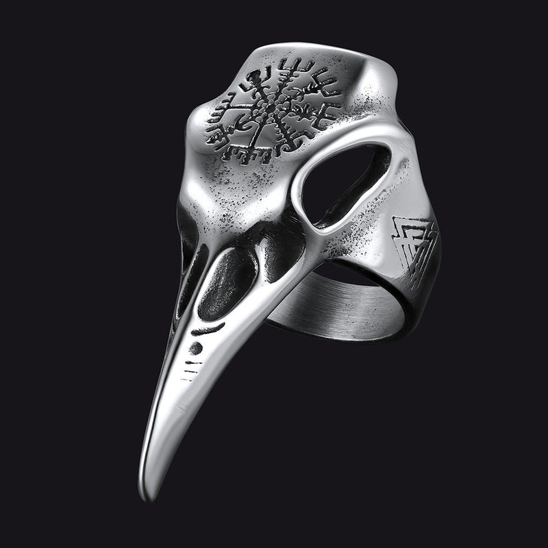 Raven Skull Ring With Viking Compass for