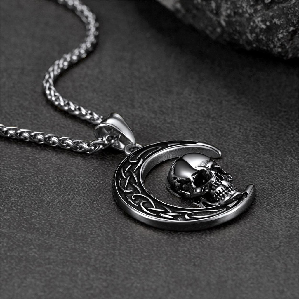 Flash Celtic Crescent Moon Skull Necklace for
