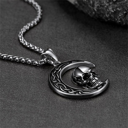 Flash Celtic Crescent Moon Skull Necklace for