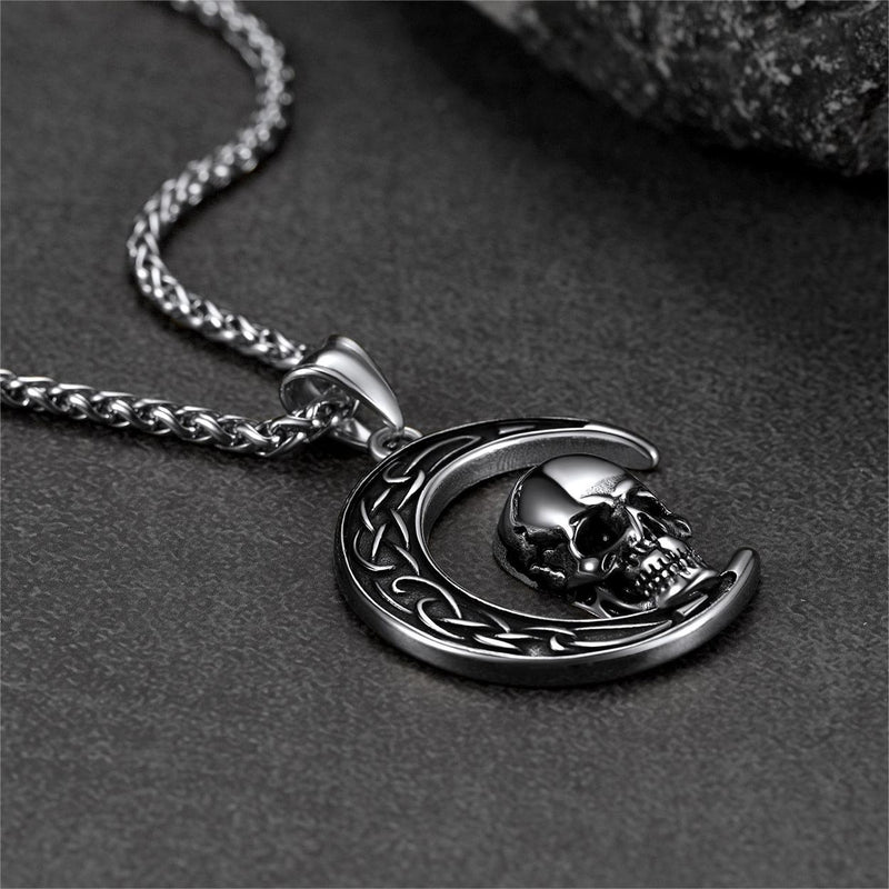 Flash Celtic Crescent Moon Skull Necklace for