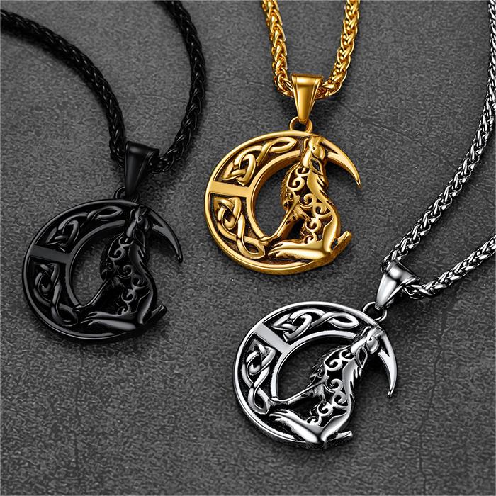 Viking Celtic Crescent Moon Wolf Necklace Pendant for