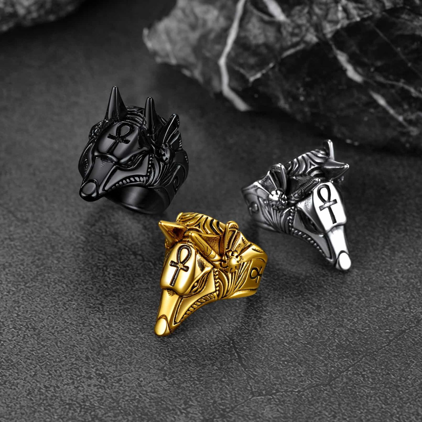 Ancient Egyptian Anubis Ring With Ankh Cross for