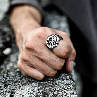 Viking Hexagon Compass Ring With Runes for