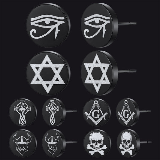 Religious Black Stud Earrings Set for 6 Pairs