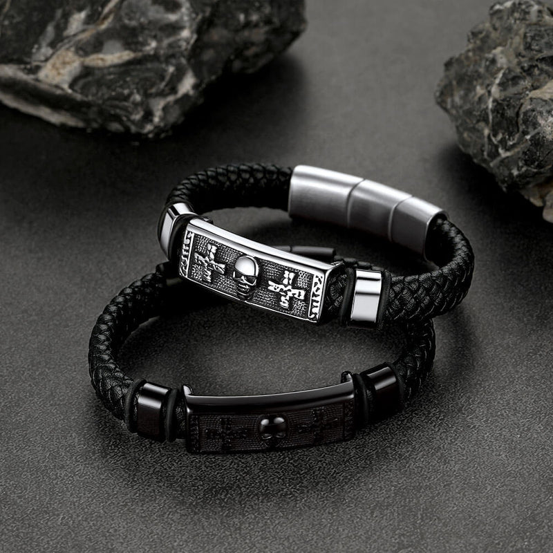 Gothic Black Skull Braided Leather Bracelet for Son Grandson