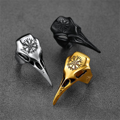 Raven Skull Ring With Viking Compass for