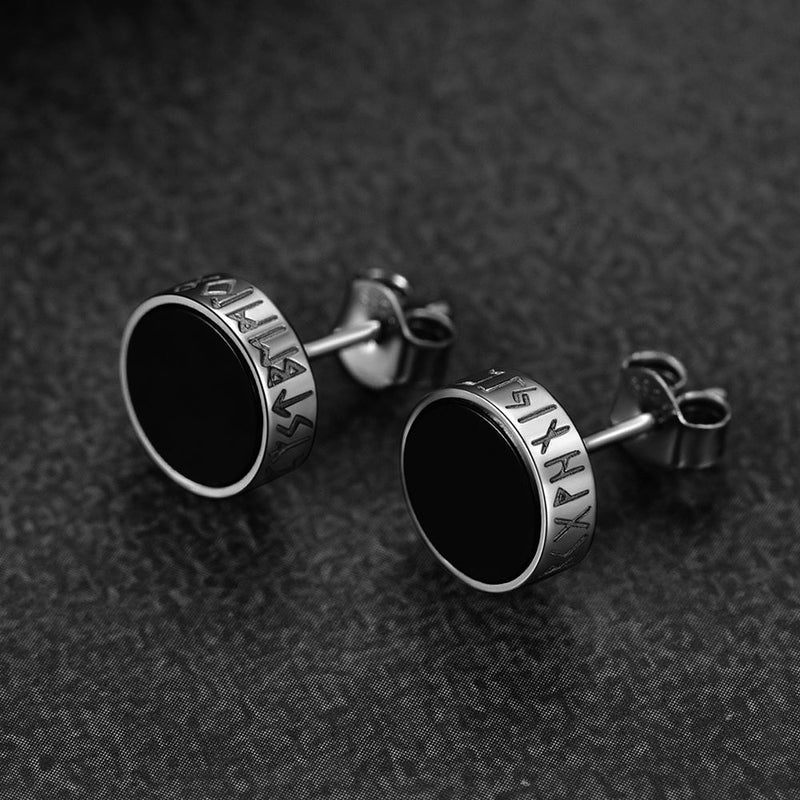 Sterling Silver Viking Runes Black Onyx Stud Earrings for