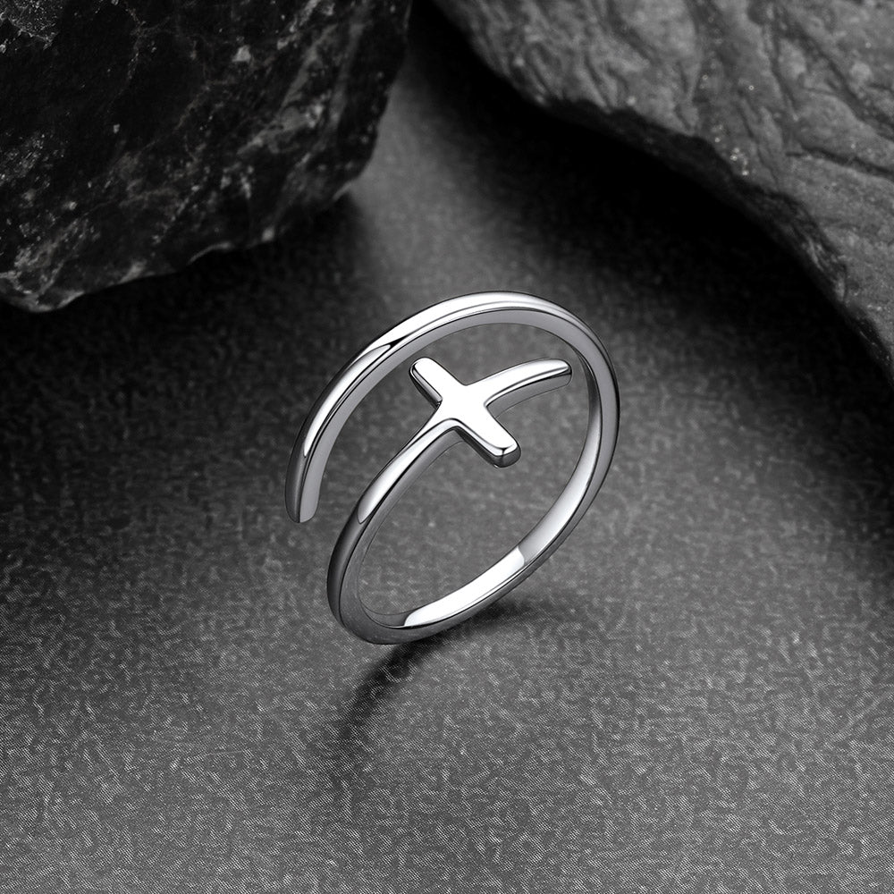 Sterling Silver Sideways Cross Ring Adjustable Open Ring for