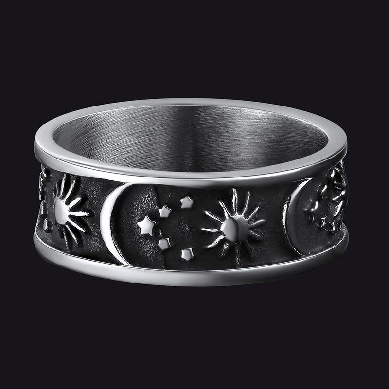 Stainless Steel Sun Moon Star Band Ring for