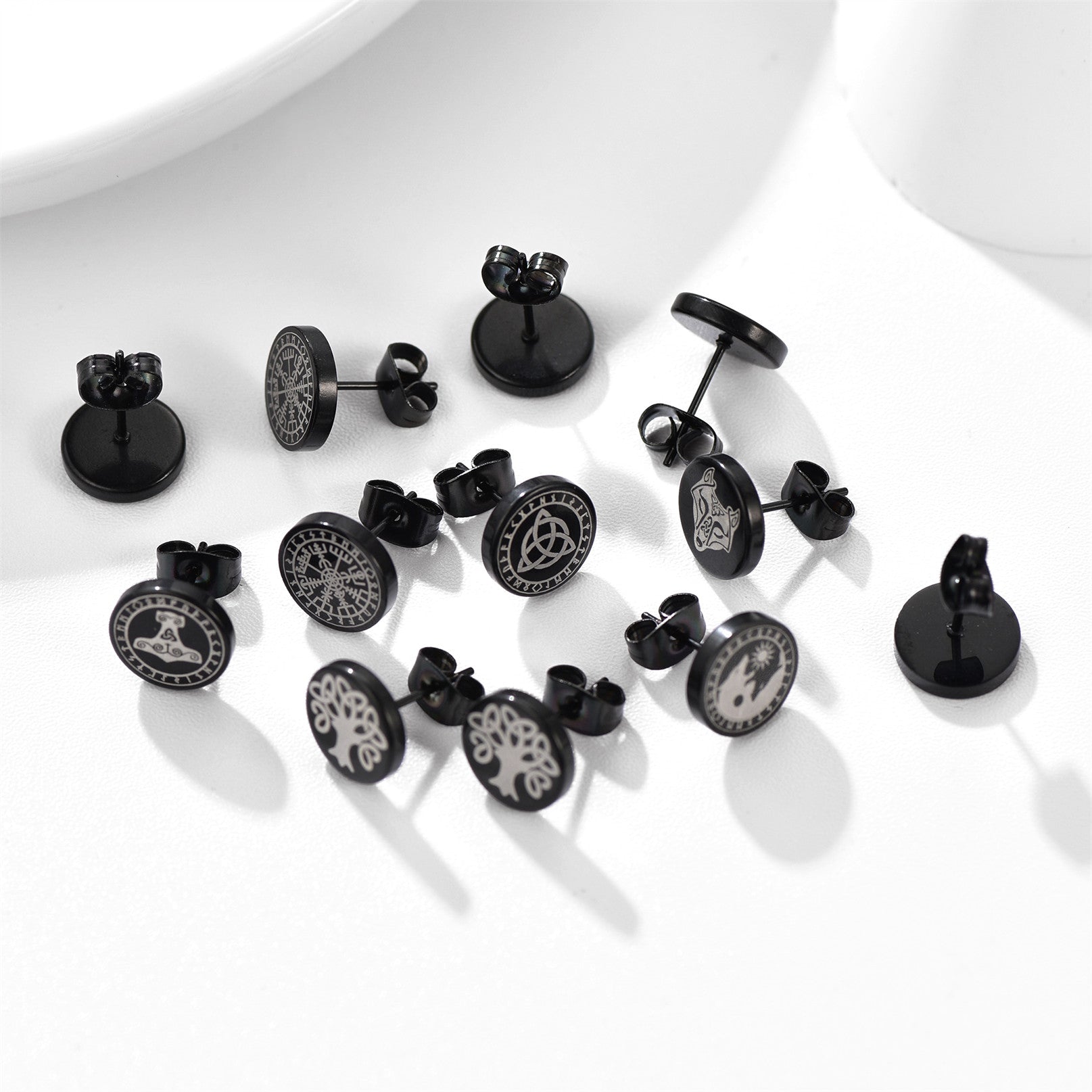 Viking Black Stud Earrings Set for 6 Pairs