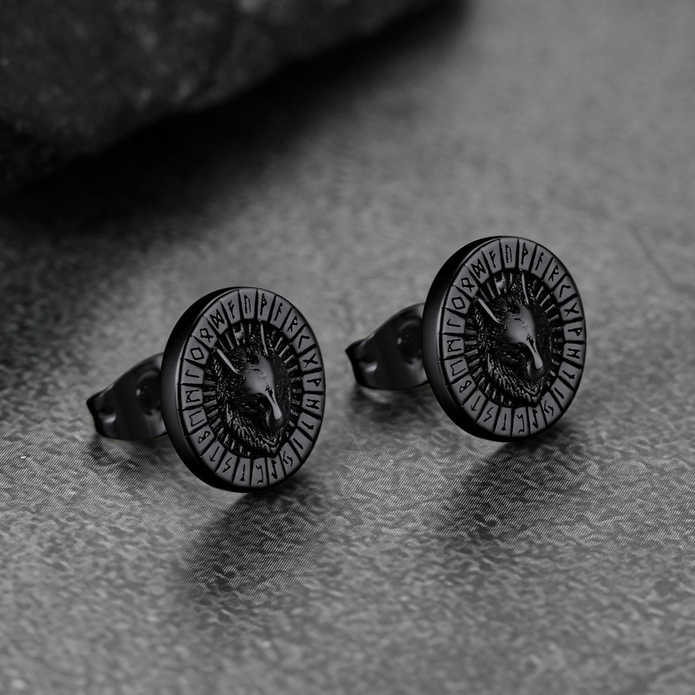 Viking Wolf Head Stud Earrings With Runes for