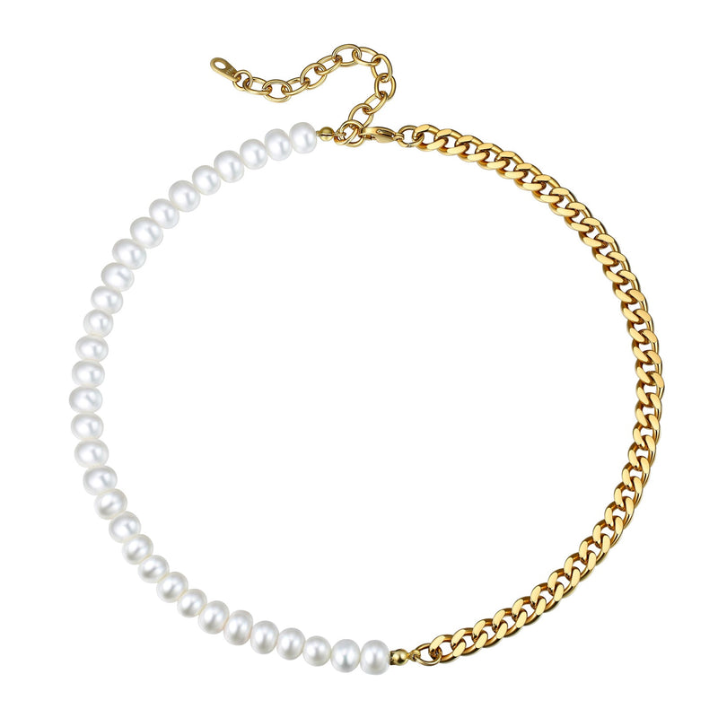 Half 8mm White Pearl and Half 7mm Cuban Link Chain Choker Necklace