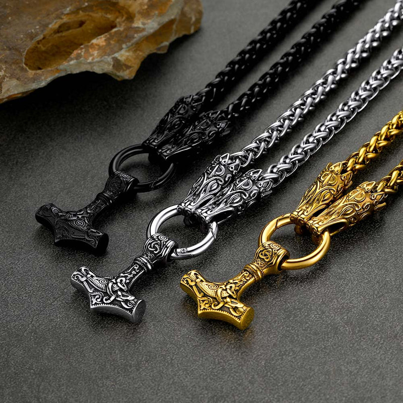 Viking Thor's Hammer Mjolnir Necklace for With Wolf Chain
