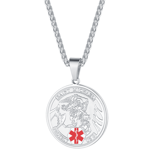 Engraved Saint Michael Medical Alert Id Pendant Necklace